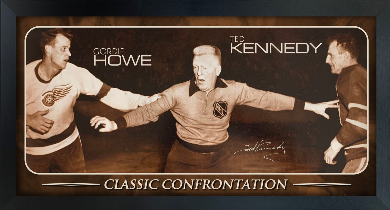 Ted Kennedy Embedded Signature 14x26 PhotoGlass Frame vs Howe Maple Leafs