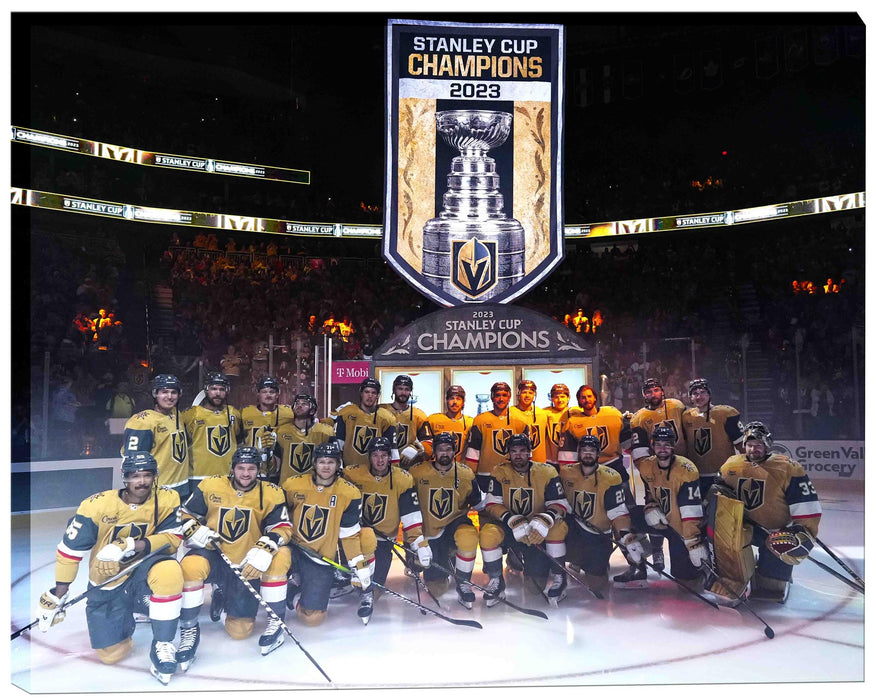 Vegas Golden Knights 16x20 Canvas Banner Raising Team Posed-H