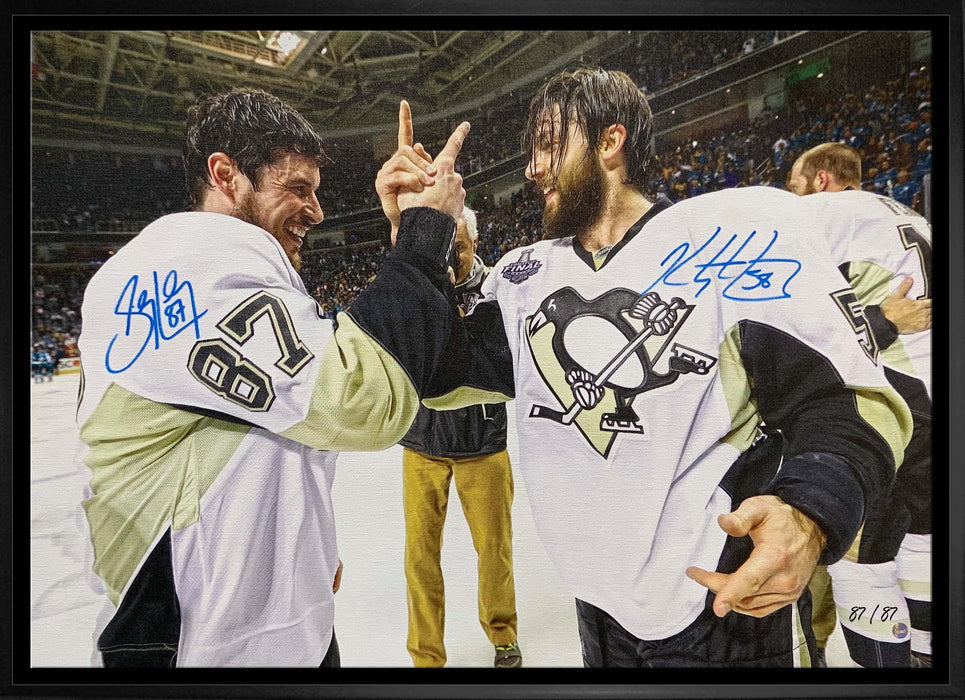 Sidney Crosby and Kris Letang Signed 20x29 Canvas Framed Hand Shake Celebration (Limited Edition of 87)