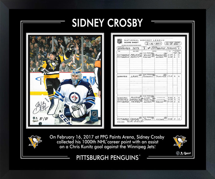 Sidney Crosby Signed 8x10 Framed PhotoGlass 1000 Points Scoresheet Penguins (Limited Edition of 87)