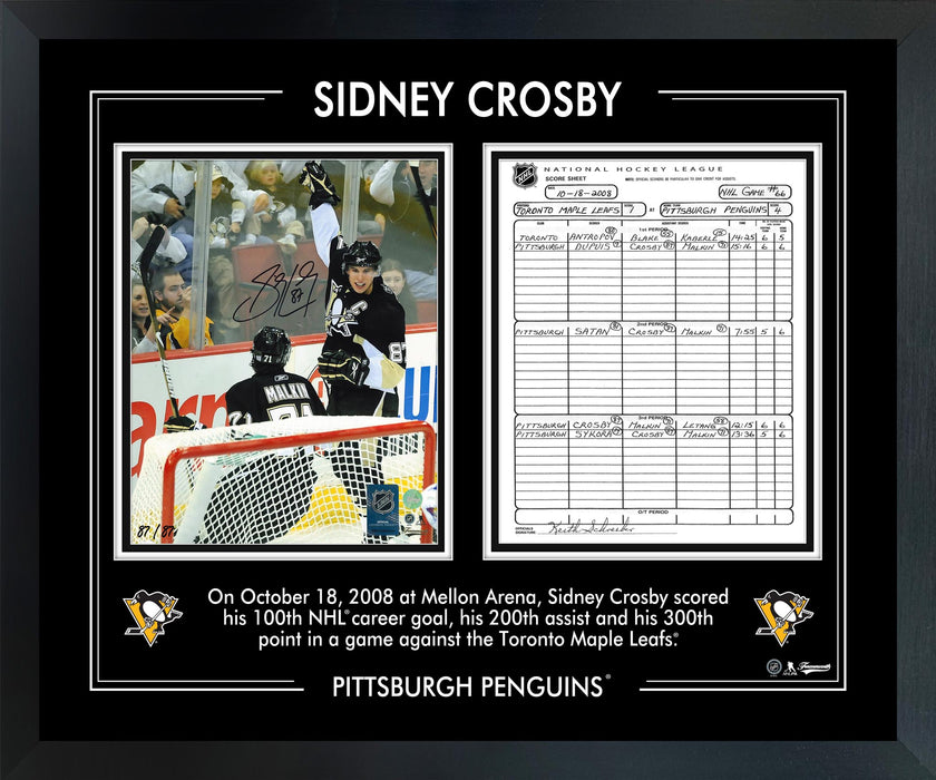 Sidney Crosby Signed 8x10 Framed PhotoGlass 100 Goals Scoresheet Penguins (Limited Edition of 87)