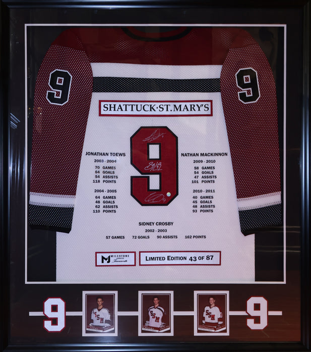Sidney Crosby, Nathan MacKinnon and Jonathan Toews Signed Shattuck St Mary's White Milestone Framed Jersey (Limited Edition of 87)