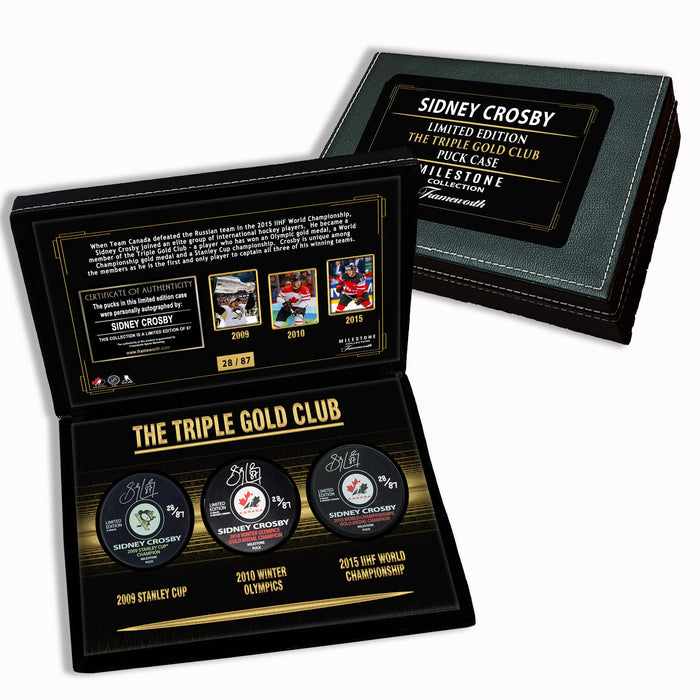 Sidney Crosby Signed Pucks in Deluxe Case Triple Gold Club (Limited Edition of 87)