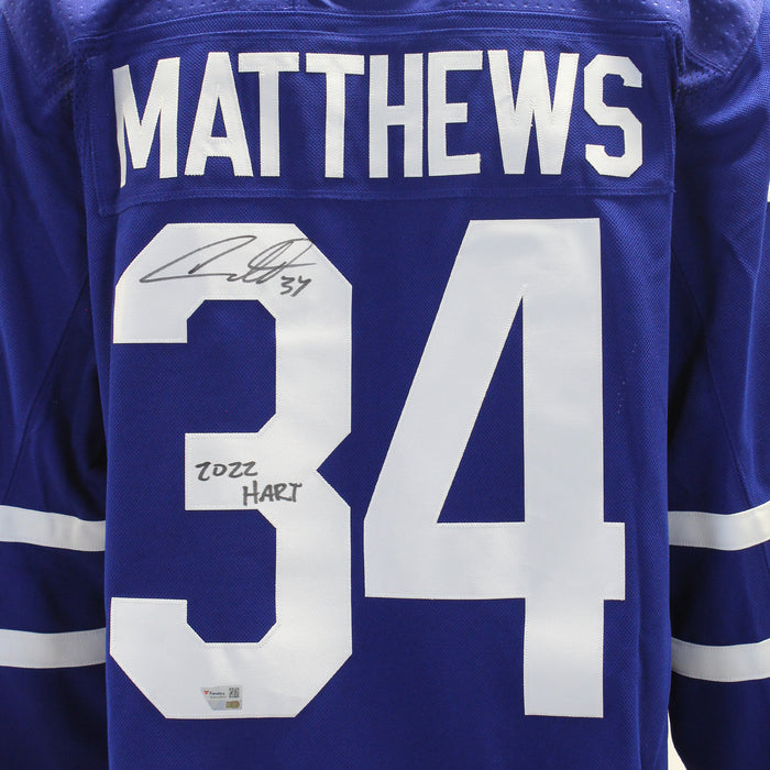 Auston Matthews Signed Jersey Maple Leafs Blue Adidas with "A" Insc "2022 Hart Trophy"