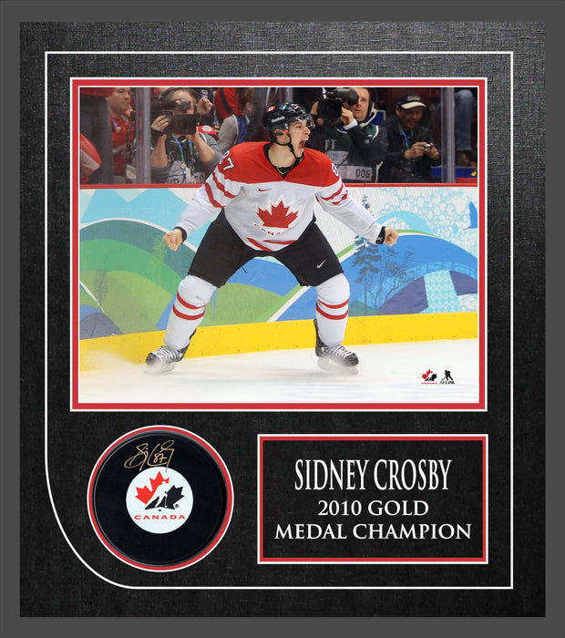 Sidney Crosby Signed Framed Team Canada Puck with 8x10 2010 Golden Goal Celebration Photo