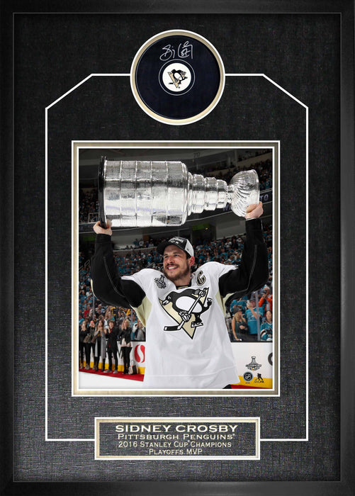 Sidney Crosby Signed Framed Pittsburgh Penguins Puck with 2016 Raising Stanley Cup 8x10 Photo
