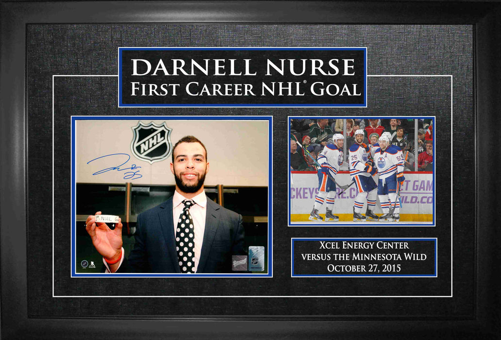 Darnell Nurse Edmonton Oilers Signed Framed 8x10 First Goal Puck Photo with 5x7 Oilers First Goal Celebration Photo