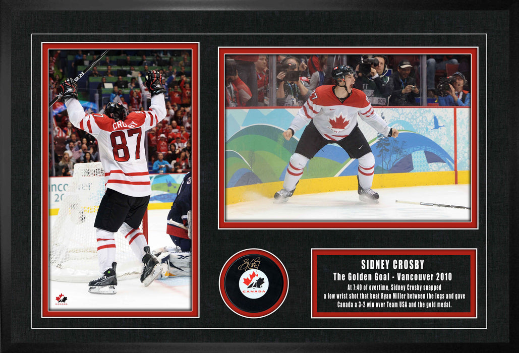 Sidney Crosby Signed Framed Team Canada Puck with 2010 Golden Goal Collage