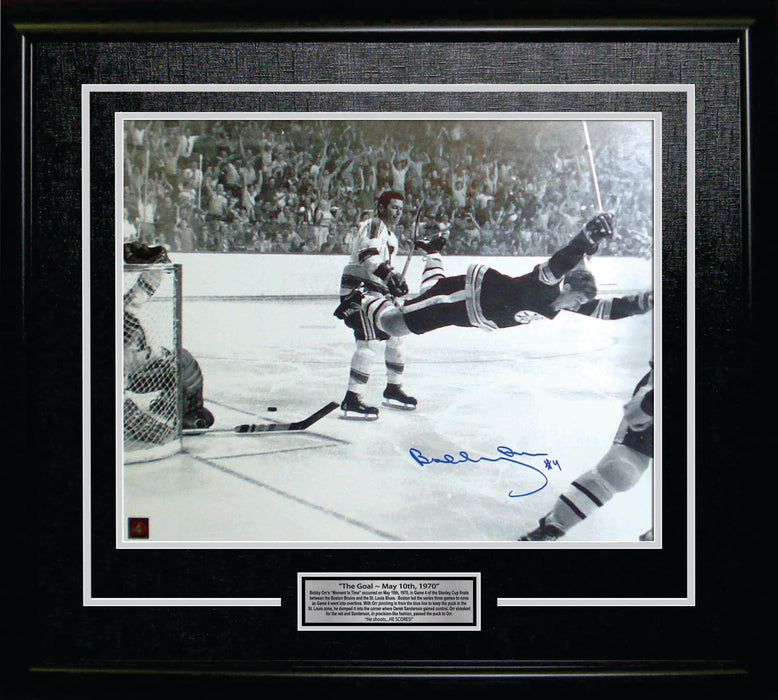 Bobby Orr Boston Bruins Signed 16x20 "The Goal" Black and White Framed Photo