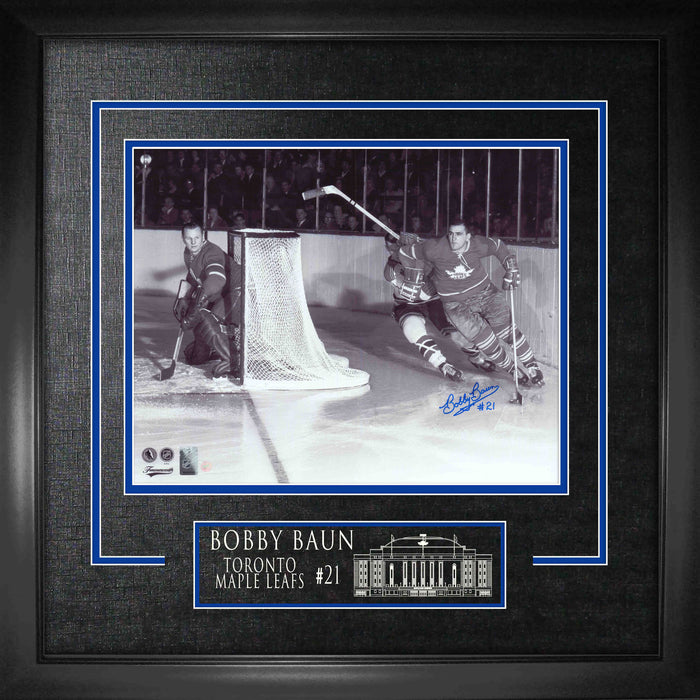 Bobby Baun Toronto Maple Leafs Signed Framed 16x20 Battling Behind Net Black and White Photo