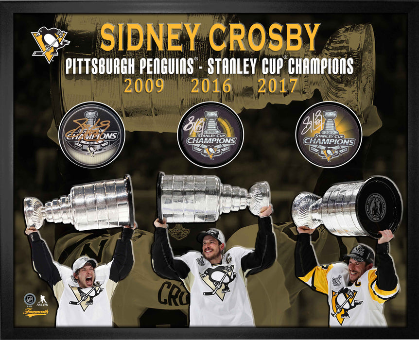Sidney Crosby Pittsburgh Penguins Triple-Signed Stanley Cup Pucks