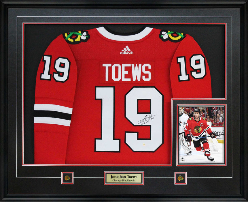 Jonathan Toews Signed Framed Chicago Blackhawks 2019-2020 Red Adidas Authentic Jersey with 8x10 Photo