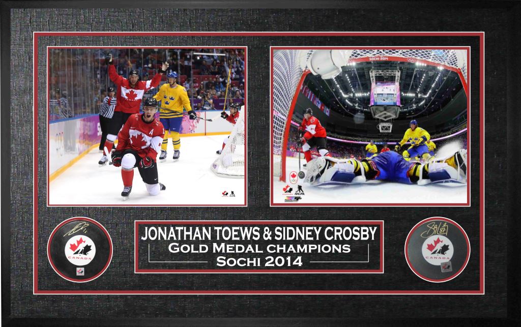 Sidney Crosby and Jonathan Toews Signed Framed Team Canada Pucks with Photos