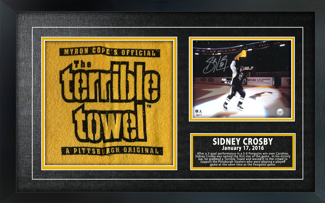 Sidney Crosby Pittsburgh Penguins Signed Framed 8x10 Waving Towel Photo with Terrible Towel
