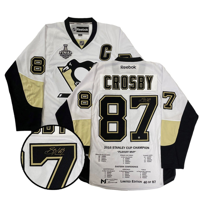 Sidney Crosby Signed Jersey Milestone Penguins White 2016 Stanley Cup Replica Reebok  (Limited Edition of 87)