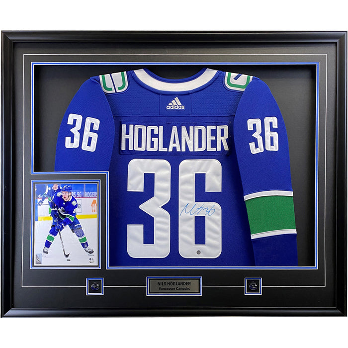 Nils Hoglander Signed Framed Vancouver Canucks Blue Adidas Authentic Rookie Jersey