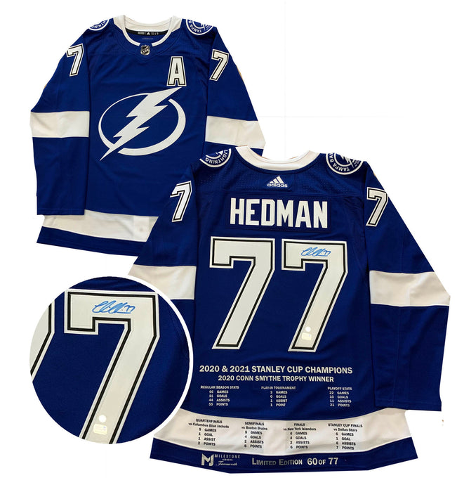 Victor Hedman Signed Tampa Bay Lightning Blue Adidas Authentic 2020 Conn Smythe Milestone Jersey LE 77