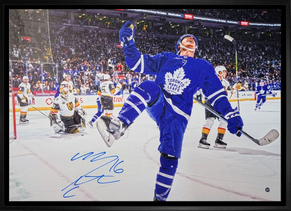 Mitch Marner Toronto Maple Leafs Signed Framed 20x29 Leg Kick Celebration Horizontal Canvas