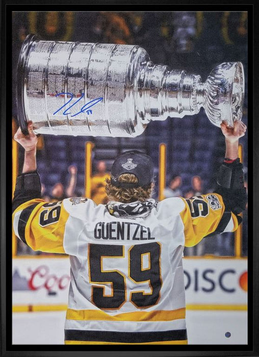Jake Guentzel Pittsburgh Penguins Signed Framed 20x29 Back View Raising the Stanley Cup Canvas