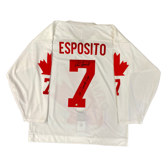 Phil Esposito Signed 1976 Team Canada White Jersey with "76 Canada Cup" Inscribed