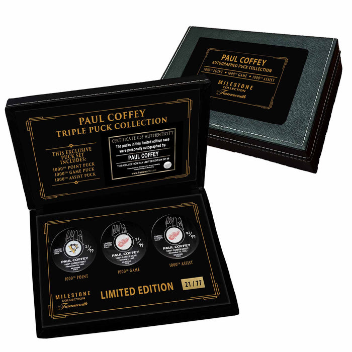 Paul Coffey Signed 1000 Points, Goals and Assists Pucks in Deluxe Case (Limited Edition of 77)