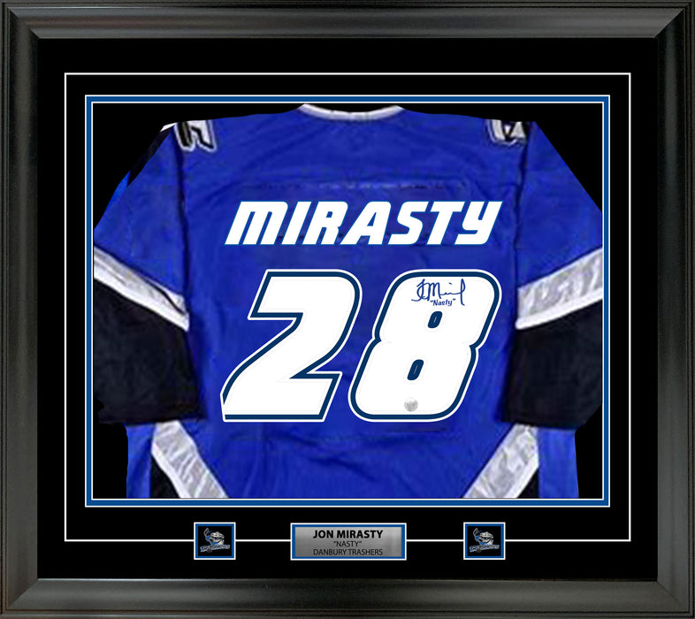 Jon Mirasty Signed Framed Danbury Trashers Blue Game Model Jersey