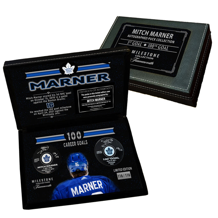 Mitch Marner Signed 1st and 100th Goals Pucks in Deluxe Toronto Maple Leafs Case (Limited Edition of 116)