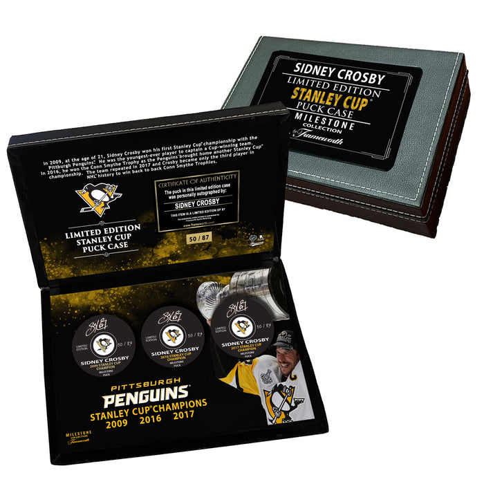 Sidney Crosby Signed 3x Stanley Cup Champions Point Pucks in Deluxe Case (Limited Edition of 87)