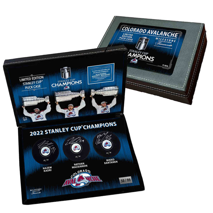 N. MacKinnon, M. Rantanen, and N. Kadri Signed Colorado Avalanche Pucks in Deluxe 2022 Stanley Cup Champions Case (Limited Edition of 99)