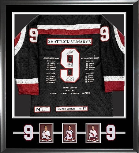 Sidney Crosby, Nathan MacKinnon, and Jonathan Toews Signed Framed Shattuck St Mary's Black Milestone Jersey (Limited Edition of 87)
