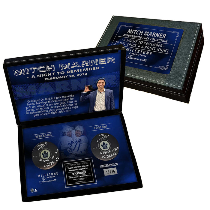Mitch Marner Signed Toronto Maple Leafs Milestone 6-Point Night and 1st NHL Hat Trick Pucks in Deluxe Case (Limited Edition of 16)