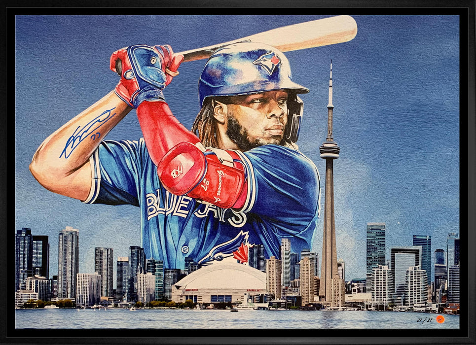 Vladimir Guerrero Jr. Signed 20x29 Framed Canvas Jays Blue-H Skyline LE/127