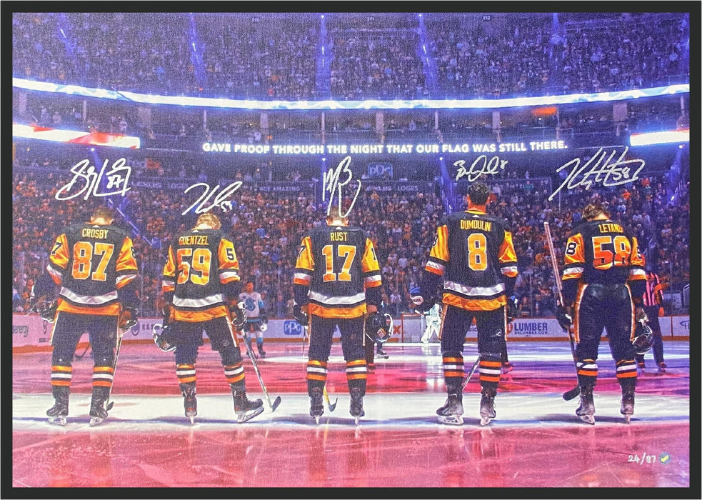 Sidney Crosby, Bryan Rust, Kris Letang, Jake Guentzel and Brian Dumoulin Signed Framed 20x29 Pittsburgh Penguins Anthem Line-Up Canvas Limited Edition /87