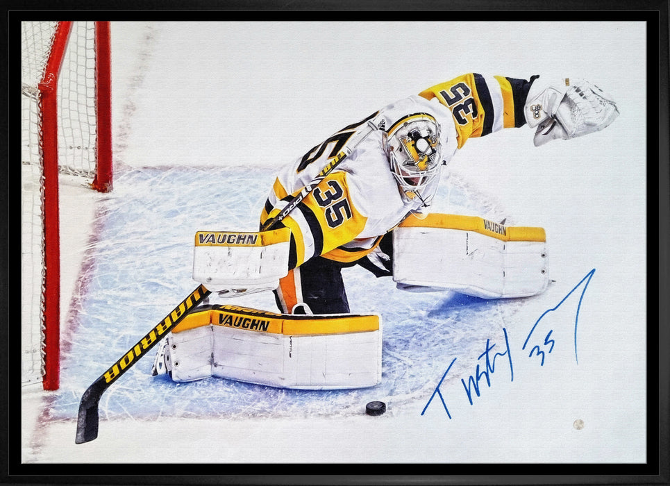 Tristan Jarry Signed Framed 20x29 Pittsburgh Penguins Stretch Save Canvas
