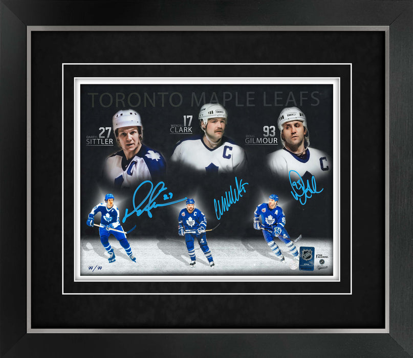 Doug Gilmour, Wendel Clark and Darryl Sittler Multi-Signed Framed 11x14 Toronto Maple Leafs Collage Photo Limited Edition /99