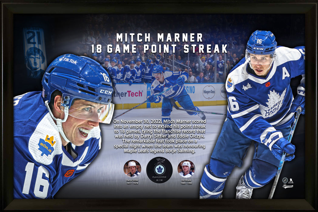 Mitch Marner Signed PhotoGlass Framed Toronto Maples Leafs Puck Inscribed "18-Game Point Streak" (Limited Edition of 116).