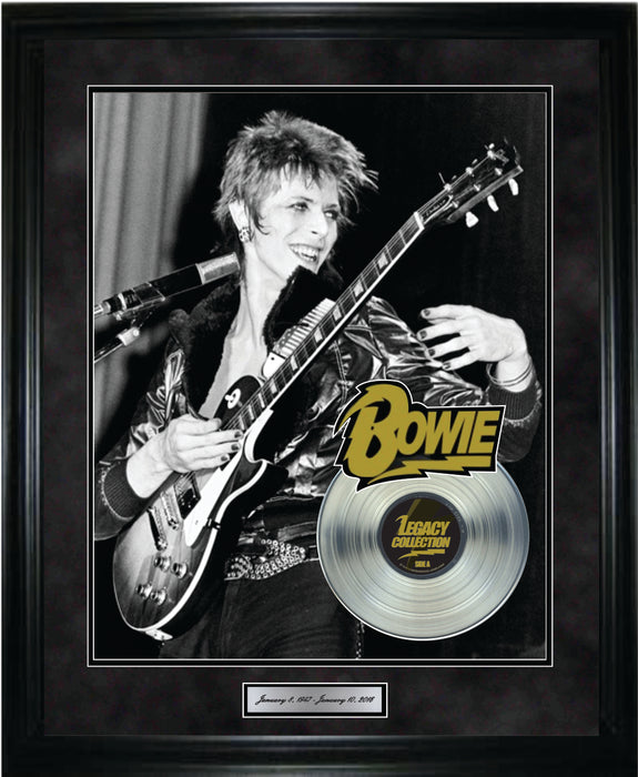 David Bowie Playing Guitar Framed With Platinum LP
