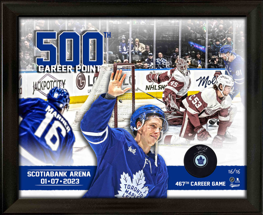 Mitch Marner Signed Framed Toronto Maple Leafs Puck with 500 Points Collage (Limited Edition of 116)