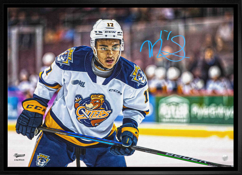 Malcolm Spence Signed 20x29 Framed Canvas Erie Otters Action White-H