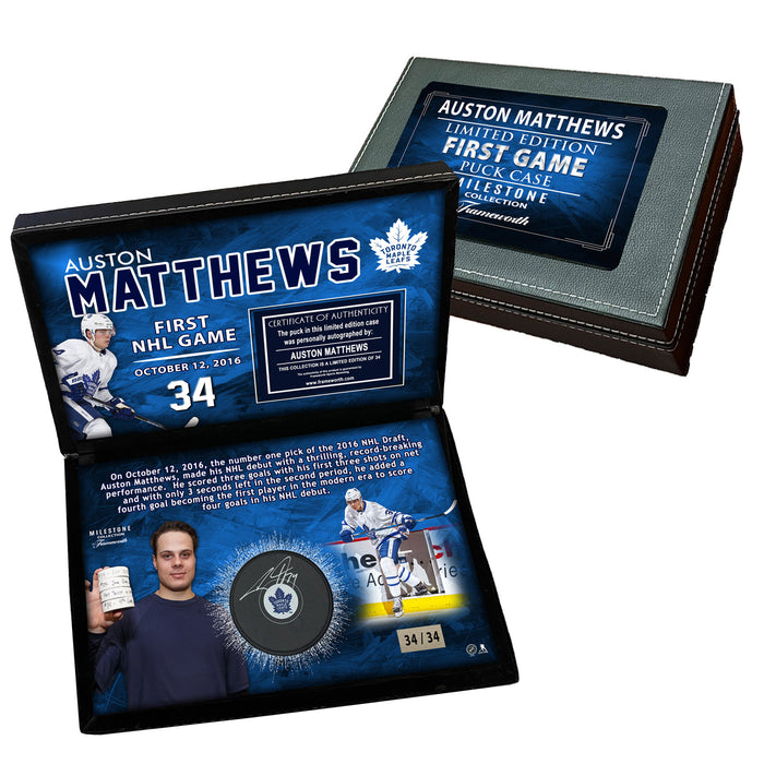 Auston Matthews Signed Puck in Deluxe Case Maple Leafs First Game (Limited Edition of 34)