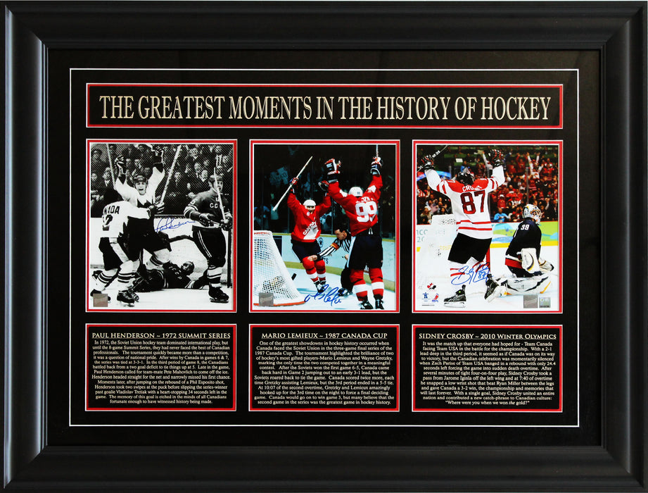 Sidney Crosby / Paul Henderson / Mario Lemieux Signed 8x10s Framed Team Canada Collage - Frameworth Sports USA